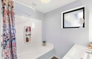 Hair dryer, towels, soap, toilet paper