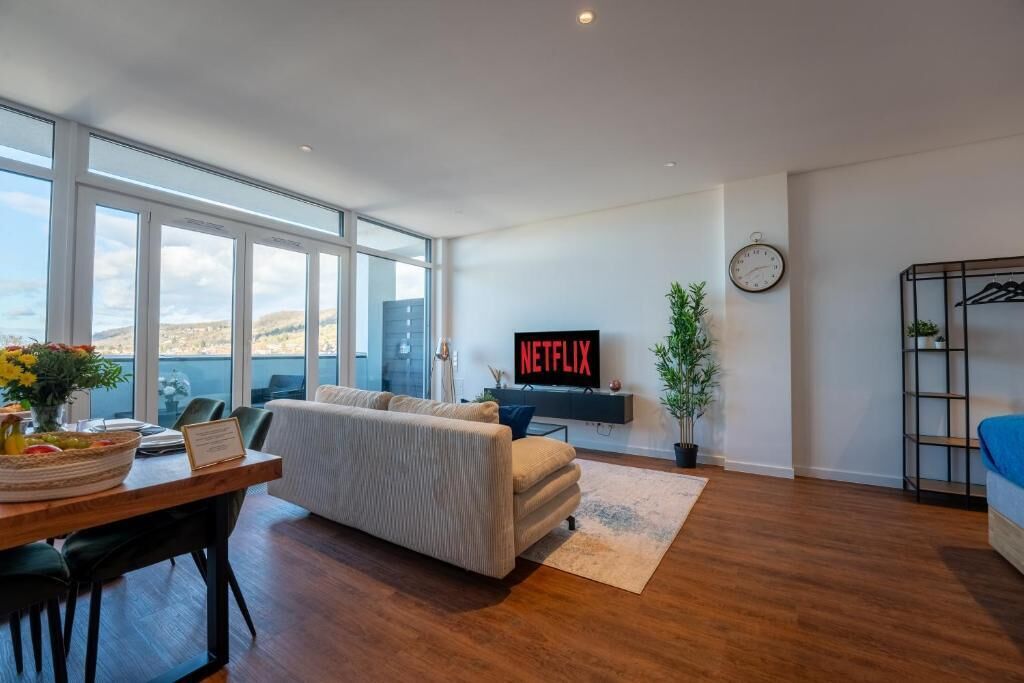 A modern living room with a sofa, a dining table with chairs, a TV displaying 'NETFLIX,' a potted plant, and a view of the outdoors.