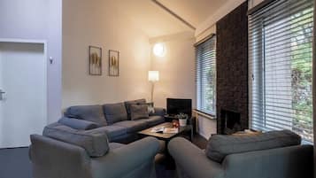 Televisie, een open haard en een kantoor