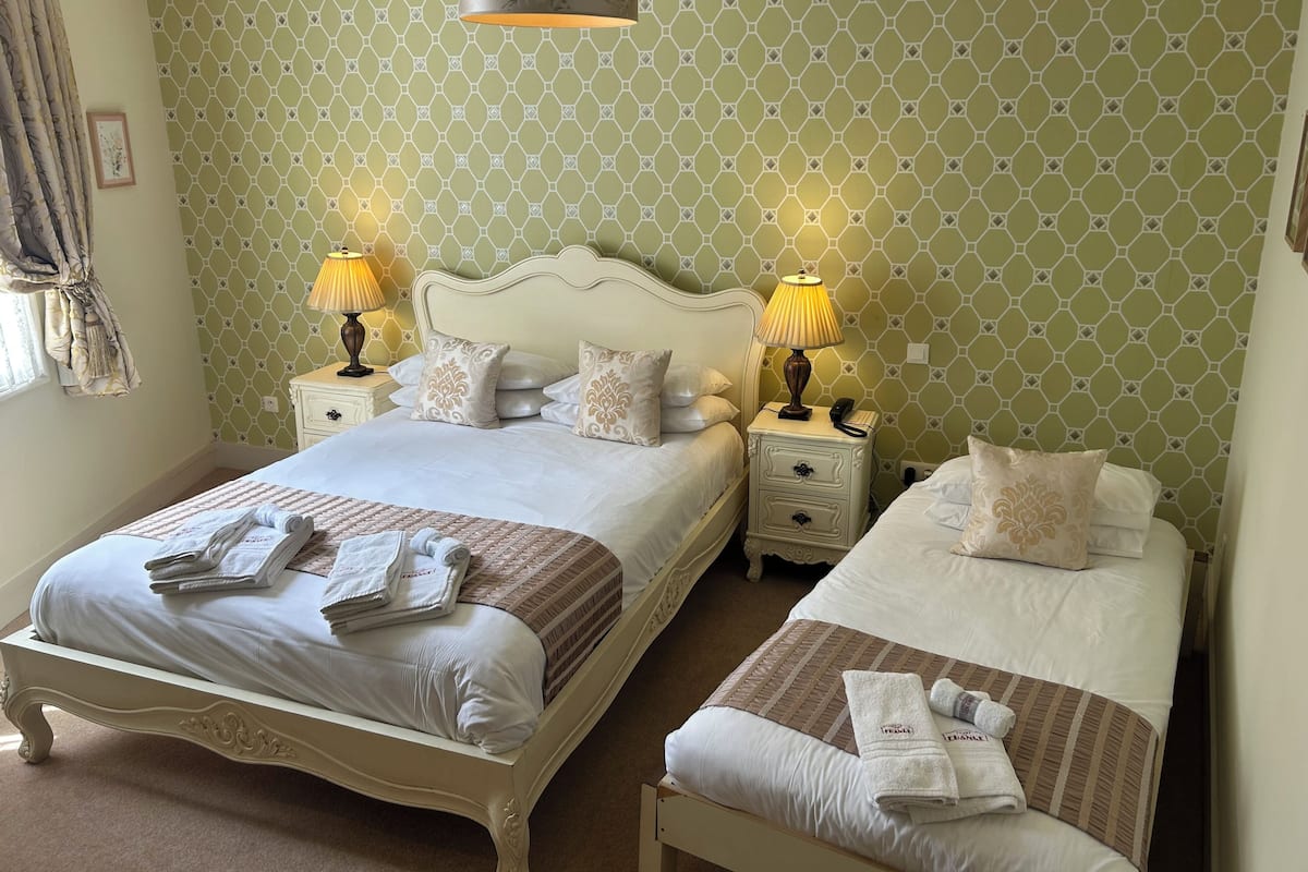 Habitación de hotel con dos camas, una mesita de noche con lámparas y un papel tapiz estampado.