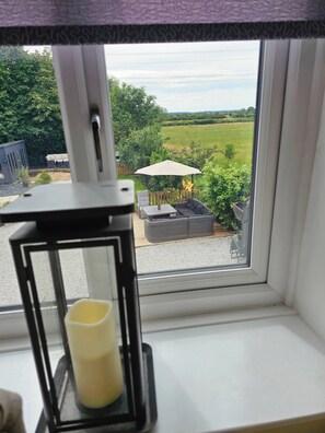 A window with a view of a garden, a lantern, and a wooden bench.