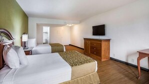 Habitació d'hotel amb dos llits, una televisió, una taula de nit i un armari.