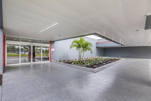 Entrada de um edifício moderno com porta de vidro, piso de concreto e um pequeno jardim com palmeiras.