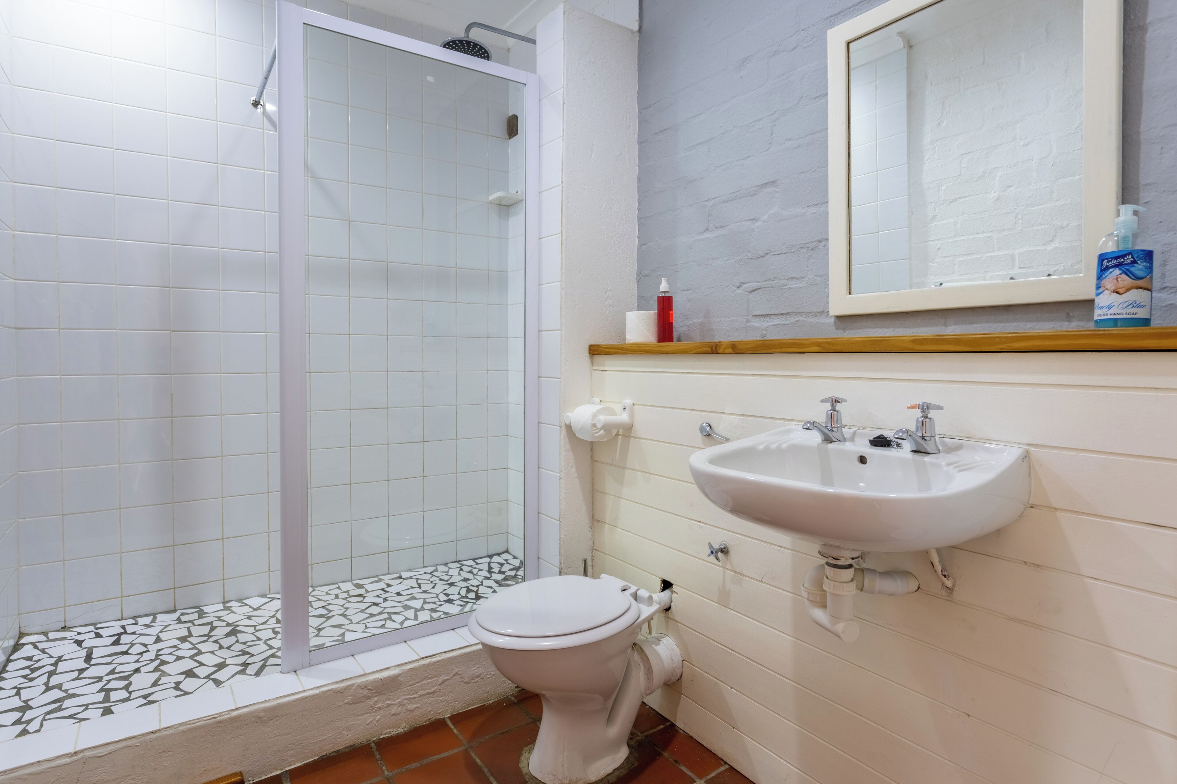 Un baño con ducha, inodoro, lavabo y espejo.