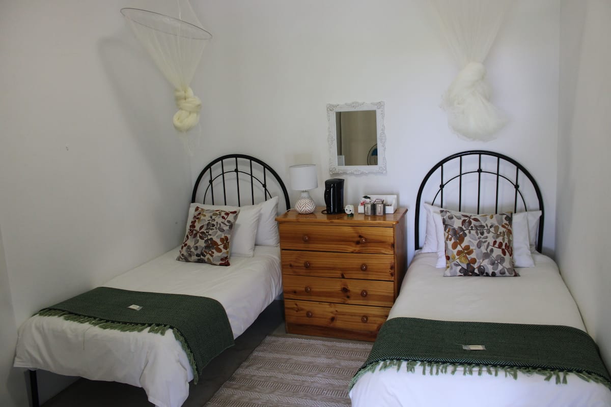 A bedroom with two single beds, a wooden dresser, a mirror, and mosquito nets.