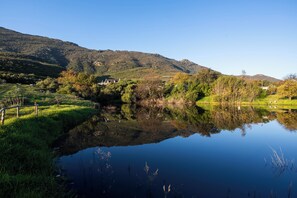 A tranquil lake with a clear reflection, surrounded by lush greenery and hills.