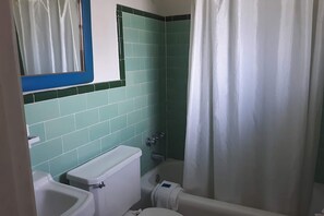 Ein Badezimmer mit Toilette, Bidet, Badewanne und Duschvorhang.