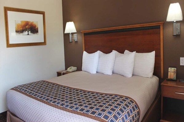 A hotel room with a large bed, two bedside lamps, a nightstand, a framed picture on the wall, and a telephone on the nightstand.