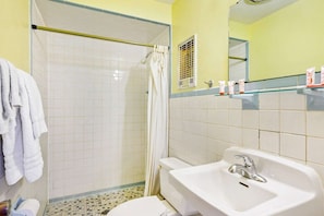 A bathroom with a shower, toilet, sink, and a mirror above the sink.