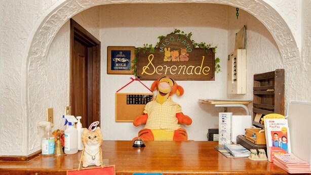 A reception desk with a plush toy, a welcome sign, a framed certificate, and a sign reading 'Serenade'. - PENSION SERENADE (Hakuba)
