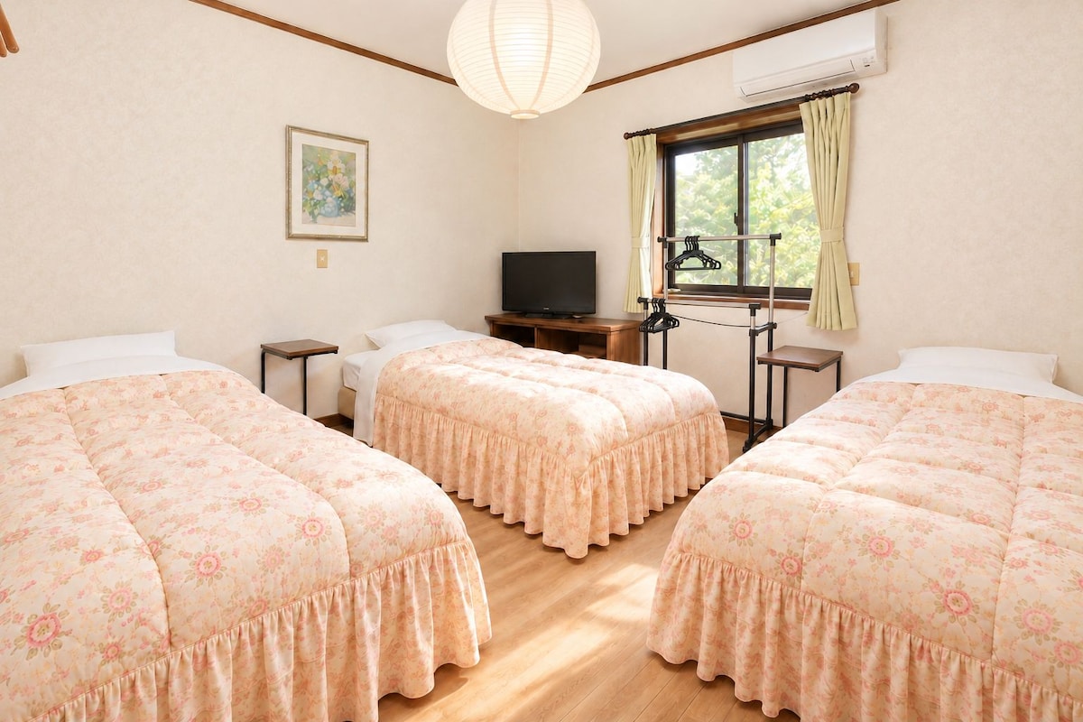 Habitación de hotel con tres camas, un televisor, una ventana con cortinas y un perchero.