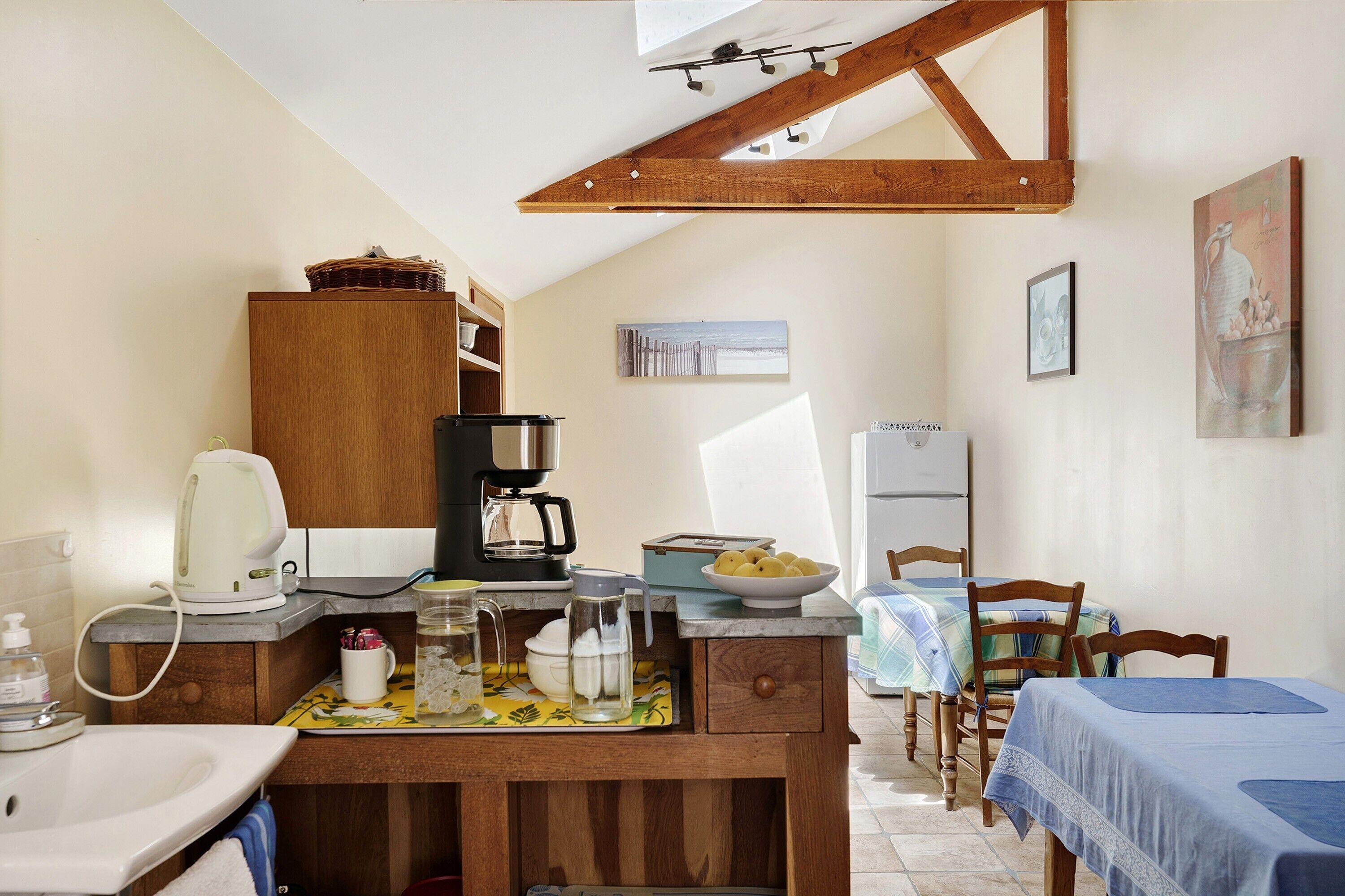 Fridge, microwave, coffee/tea maker, electric kettle