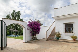 Ein verschlossenes Tor mit einer Treppe, die zu einem weißen Gebäude führt, eine blühende, violette Pflanze und der Blick auf eine Rasenfläche mit Liegestühlen.