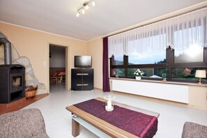 Een woonkamer met een open haard, een televisie, een eethoek en een raam met uitzicht.