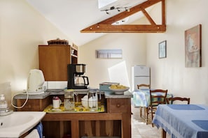 Fridge, microwave, coffee/tea maker, electric kettle