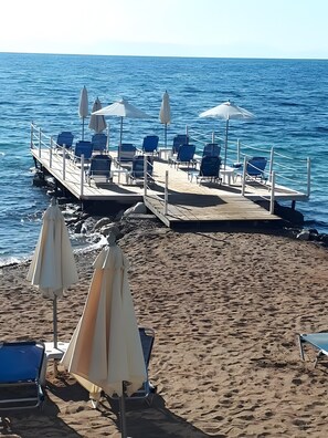 Eine Promenade mit Stühlen und Sonnenschirmen, ein sandiger Strand und das Meer.