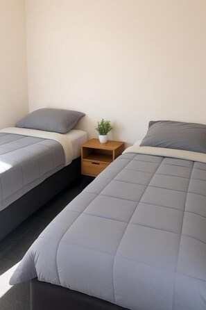 Una stanza con due letti, un comodino di legno con una pianta e un muro bianco.
