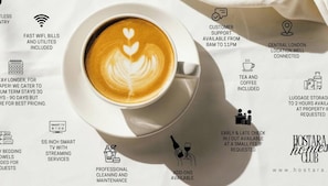 A cup of coffee with latte art on a white saucer, surrounded by icons indicating amenities like fast WiFi, customer support, tea and coffee, luggage storage, and smart TV. - Studio, West Kensington + Hammersmith (Greater London)
