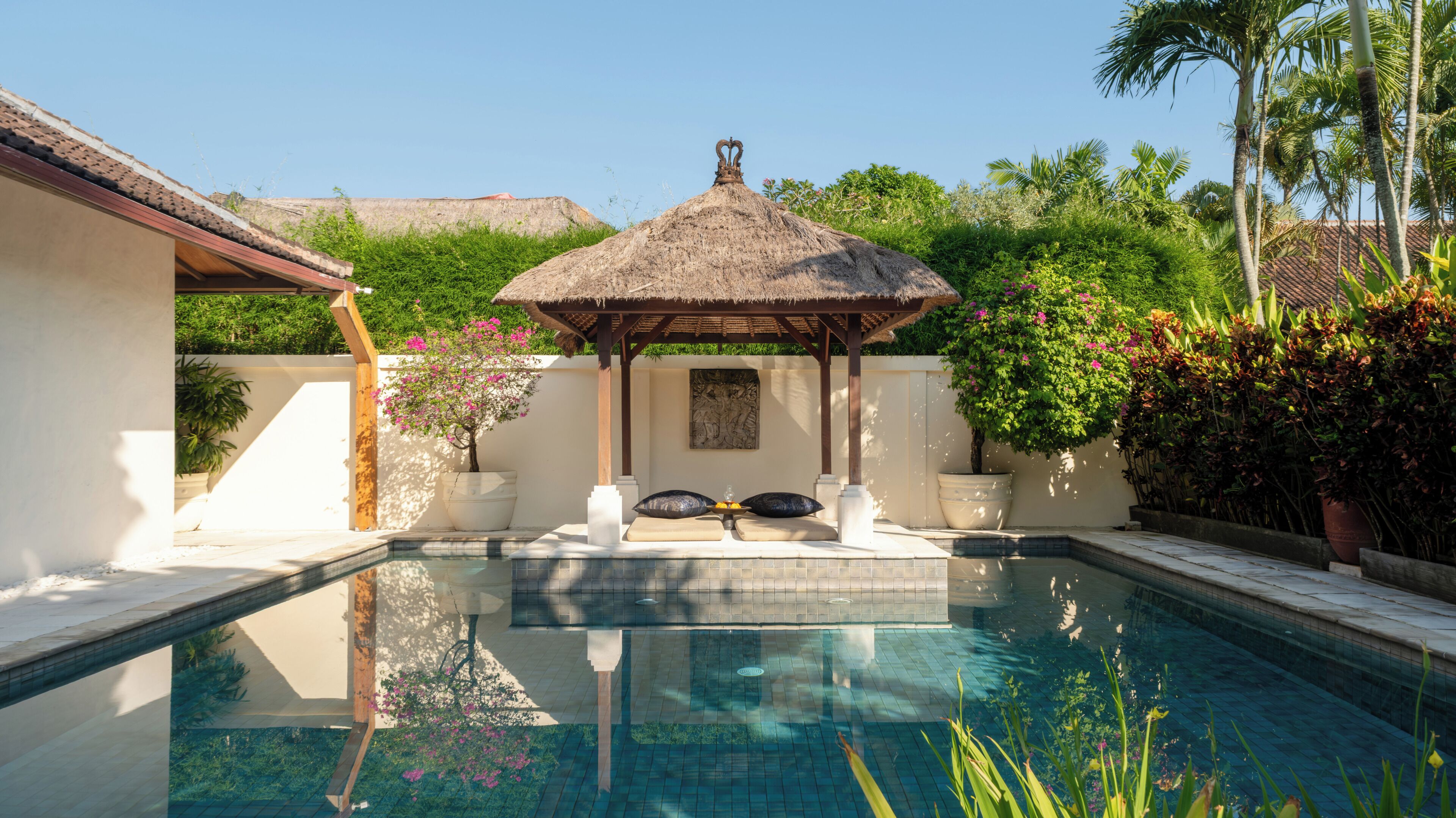A swimming pool with a thatched gazebo, surrounded by lush greenery and a clear sky.
