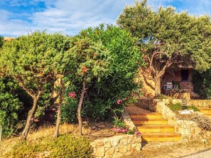 Una escalera de piedra conduce a un edificio rústico de piedra rodeado de abundante vegetación y árboles.