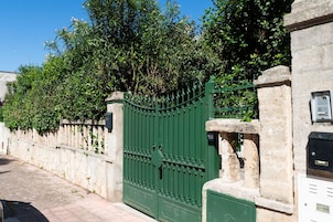 A stone wall with a green gate, a mailbox, and a utility box.