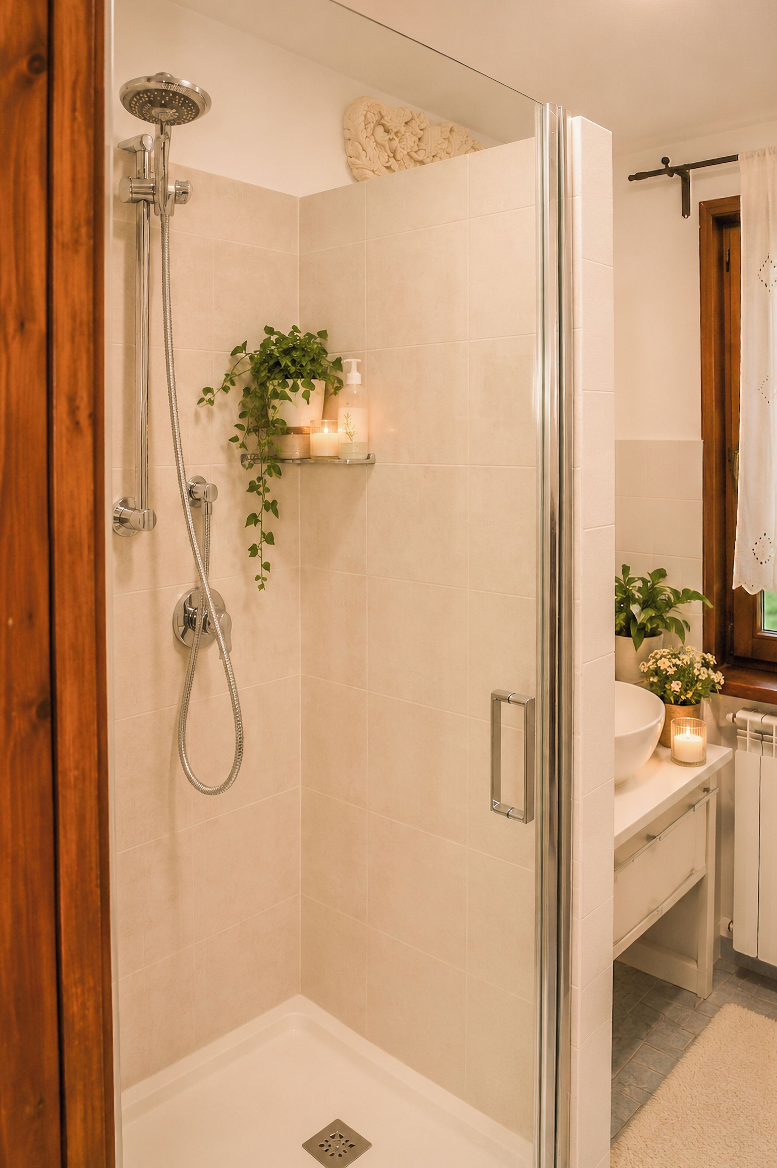 A shower with a glass door, a potted plant, and a shelf with candles.