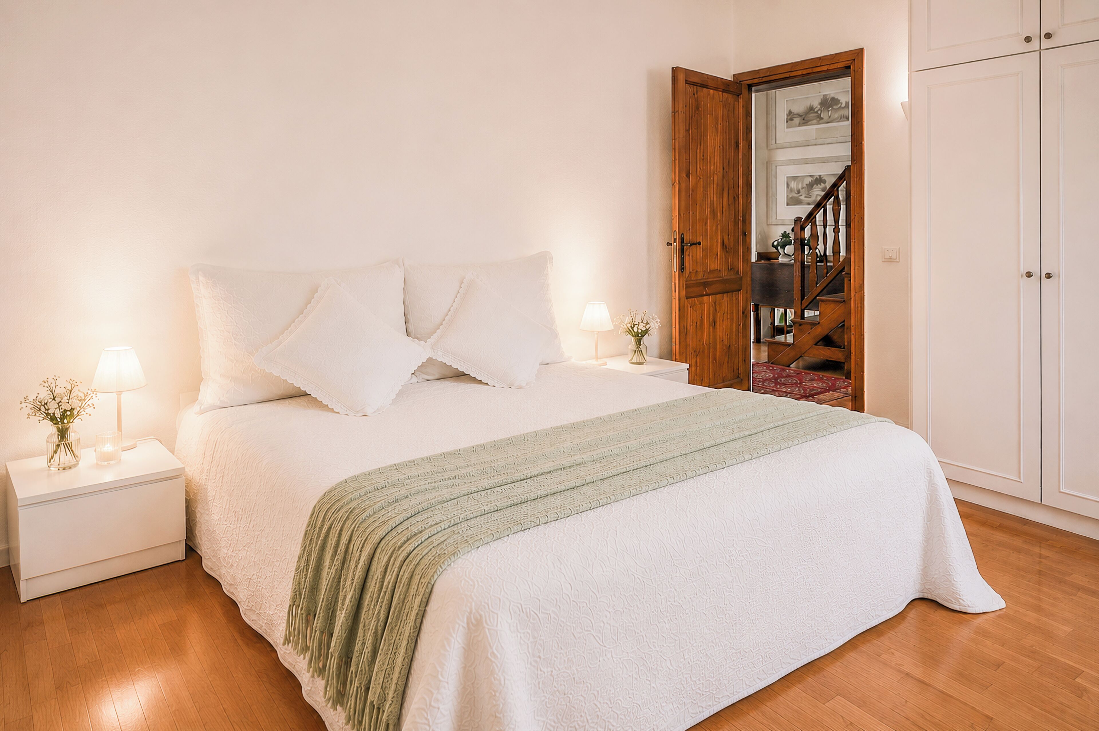 Un lit bien fait, avec une couette blanche et des oreillers, une table de chevet sur laquelle se trouvent une lampe et un vase de fleurs, et une porte en bois donnant sur un escalier.
