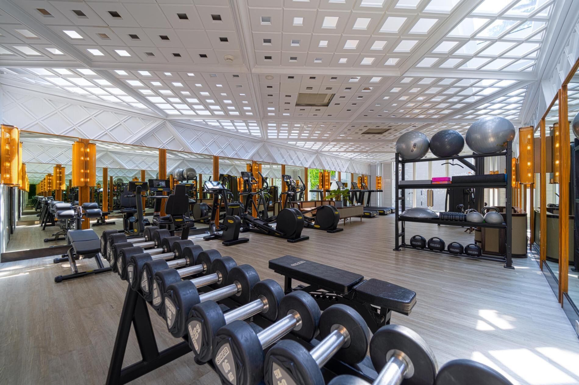 A gym with exercise equipment, mirrors, and a ceiling with a geometric pattern.