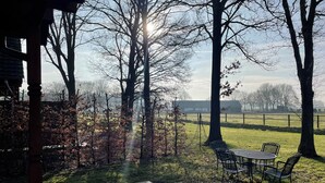 Une terrasse avec une table et des chaises, entourée d’arbres et d’une pelouse.