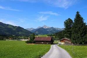 Eine Landstraße führt zu einem kleinen Haus mit rotem Dach, umgeben von grünen Feldern und Bergen im Hintergrund.