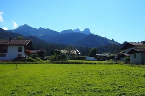 Ländliche Szenerie mit Häusern, einem grünen Feld und Bergen im Hintergrund.