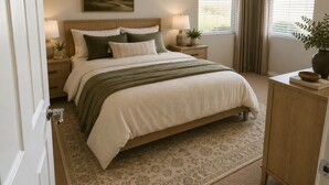 A bedroom with a bed, bedside tables, a nightstand, a painting, a window with curtains, and a potted plant. - Charming 3 bed 3 bath gated community w/ office, large chefs kitchen & laundry (Chandler)