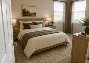 Ein Schlafzimmer mit Bett, Nachttischen, einem Fenster mit Vorhängen und einem Blumentopf.