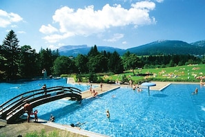 A swimming pool with a bridge, surrounded by greenery and mountains. - Eberle Country House (Hirschegg\/Kleinwalsertal)