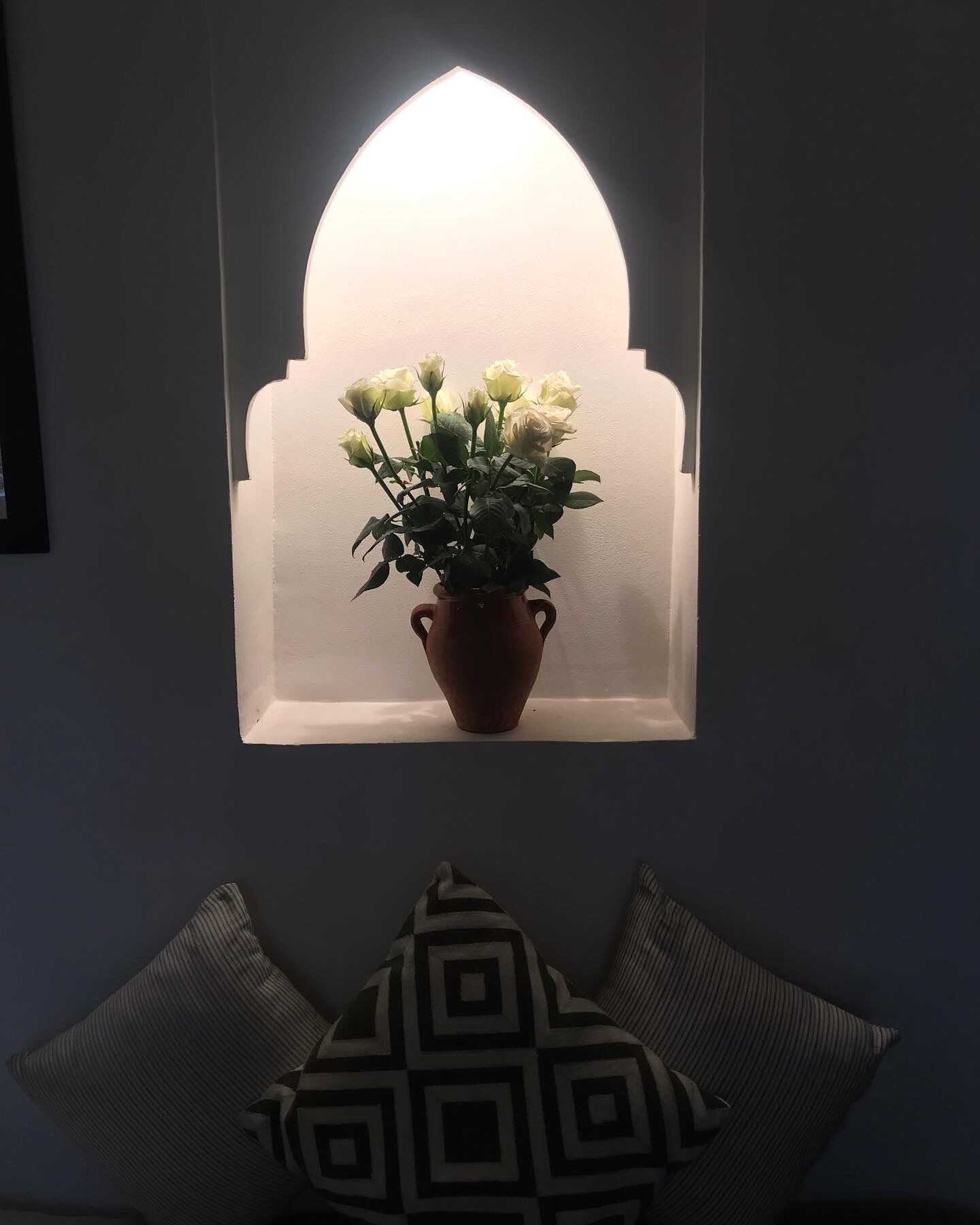 Et vindue med et matteret glasdesign, en potteplante med hvide blomster og to puder med mønster på en sofa.