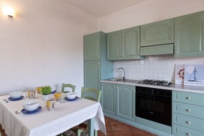 A kitchen with green cabinets, a stove, and a sink. - Casa dell'Edera F2/1 by Wonderful Italy (San Teodoro)