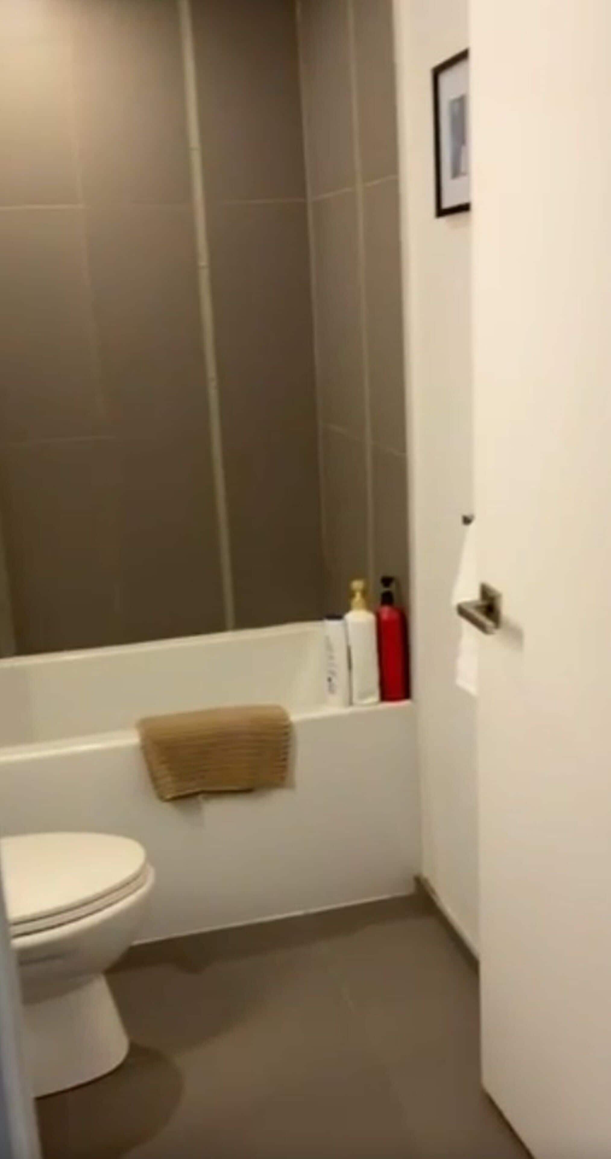Ein Badezimmer mit Toilette, Badewanne und Dusche.