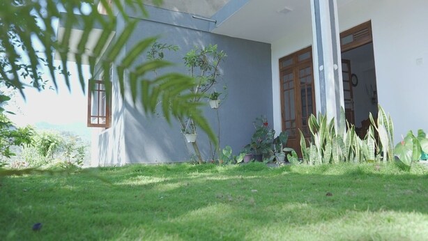 A well-maintained lawn, potted plants, and a building with a door and windows. - Green Peak View Haputale (UP)
