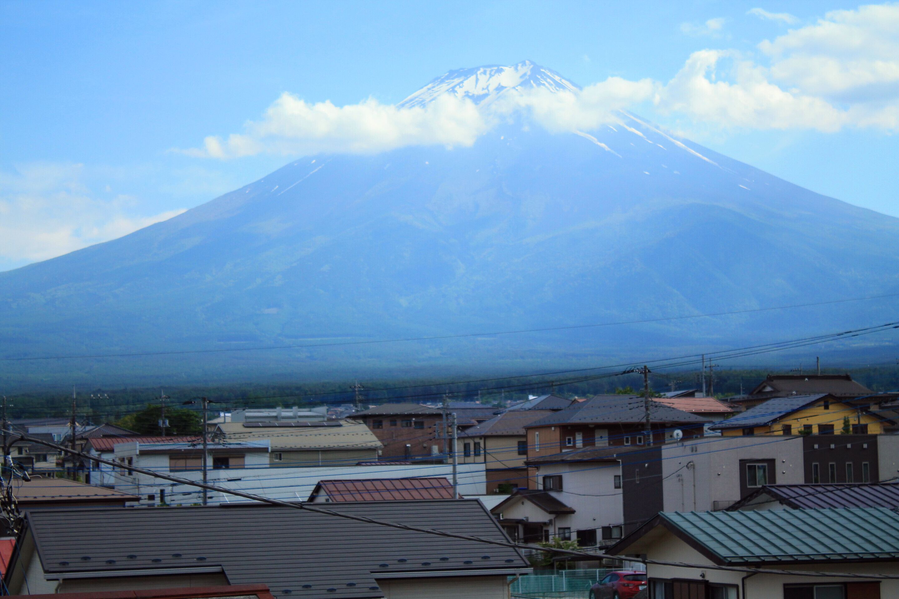 A residential area with houses and a mountain in the background.
