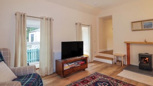 Ein Wohnzimmer mit Fernseher, Büchern, Kamin und Blick ins Freie.