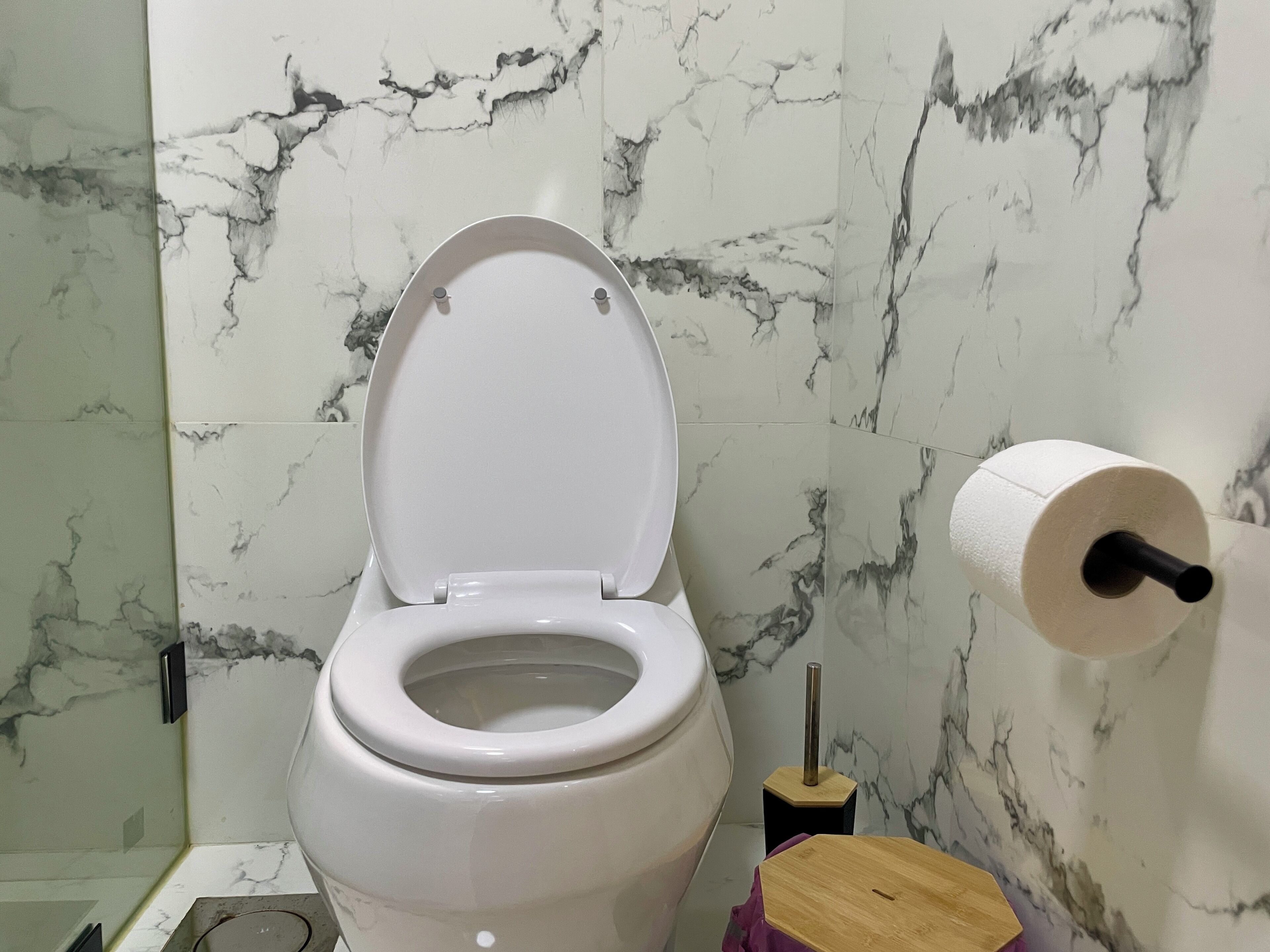 A bathroom with a toilet, marble-patterned walls, and a toilet paper holder.