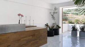 Una zona de recepción moderna con un mostrador de madera, plantas en macetas y vistas a un paisaje natural.