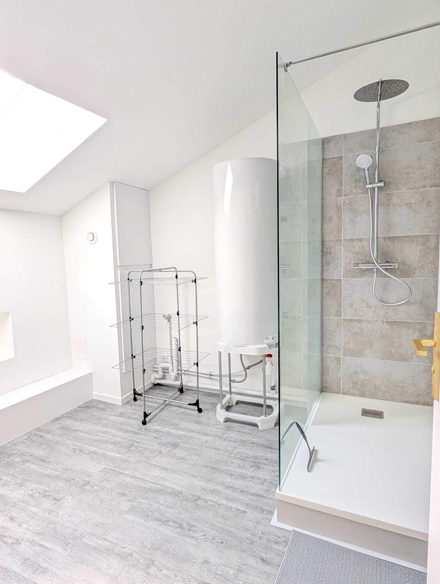 Shower, hair dryer, towels, toilet paper