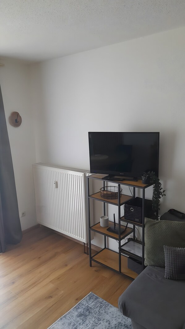 Una sala de estar con televisor sobre un mueble, un radiador, piso de madera y un sofá gris.