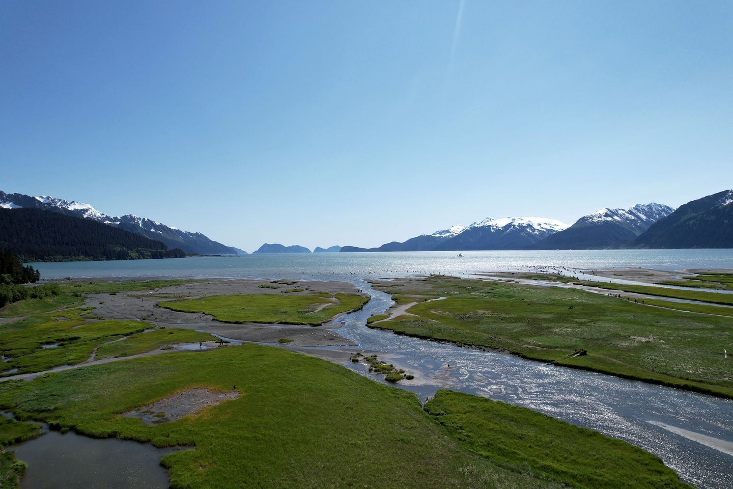 A river meandering through a green landscape with mountains in the background.