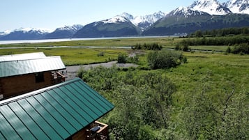Een chalet met een groen dak, een terras en uitzicht op bergen en een meer.