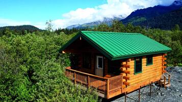 A wooden cabin with a green roof, surrounded by dense forest and mountains in the background.