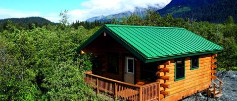 A wooden cabin with a green roof, surrounded by dense forest and mountains in the background.