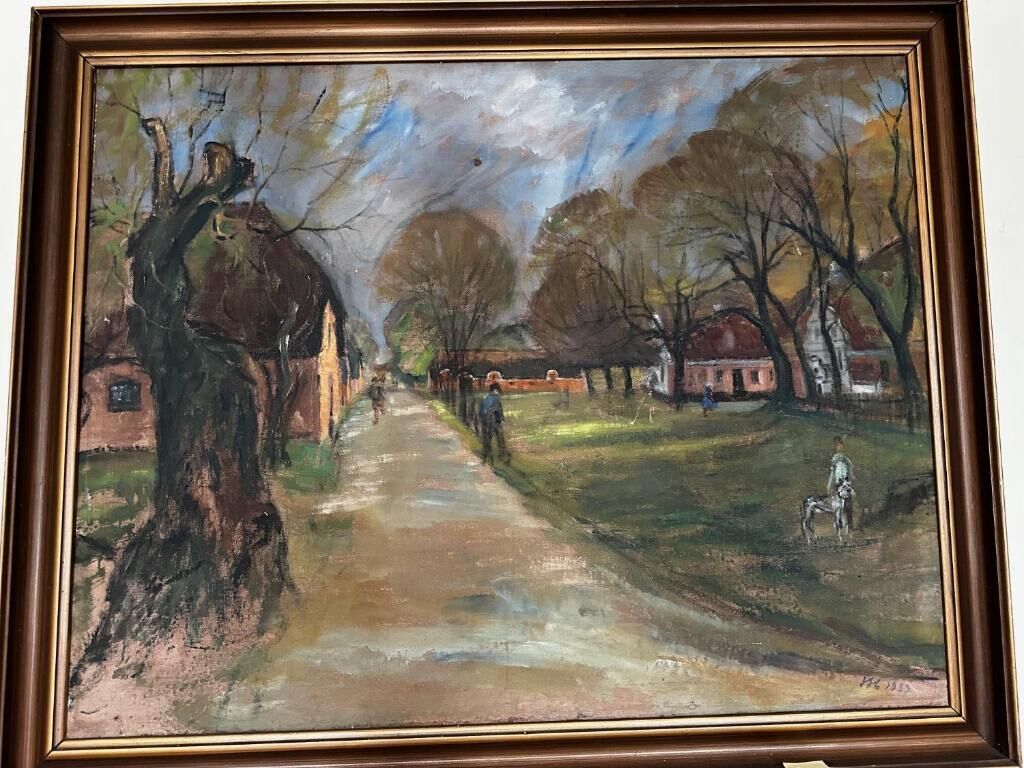 A framed painting of a rural scene with a path, trees, and a building.