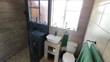 Shower, towels, soap, toilet paper